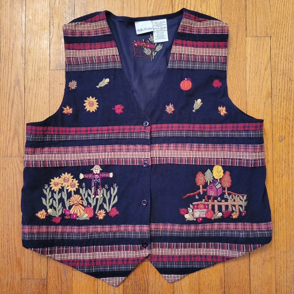 Bobbie Brooks Navy Corduroy Embroidered Scarecrow Farm Vest L 12 14 Retro Earthy